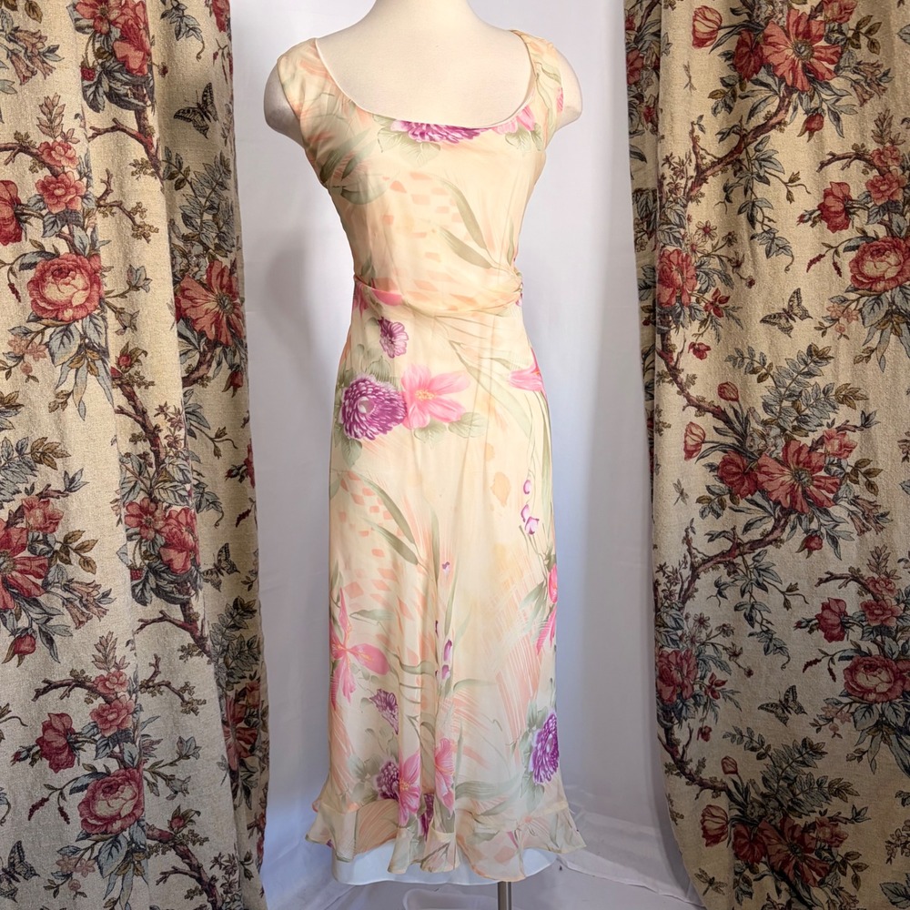 Vintage 80s Stunning Floral Chiffon Midi Dress Peach and Pink floral details